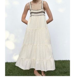 Zara - Cream & White & black Scallop Midi / maxi dress